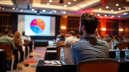 Fototapeta premium Corporate meeting on leveraging management for business growth and market disruption with informative infographics and visual communication including diverse participants from around the world