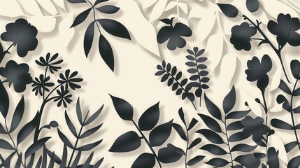 A modern and eco-friendly design featuring black silhouettes of leaves and flowers on a cream background. Generative AI