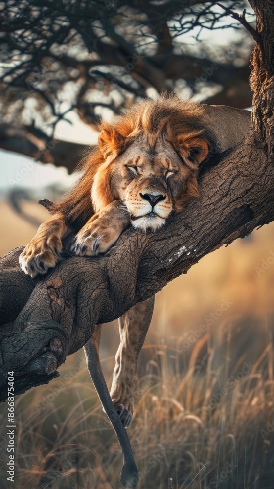 Poster a beautiful lion sleeps on a branch under the warm sun, displaying its full mane and textured fur ag