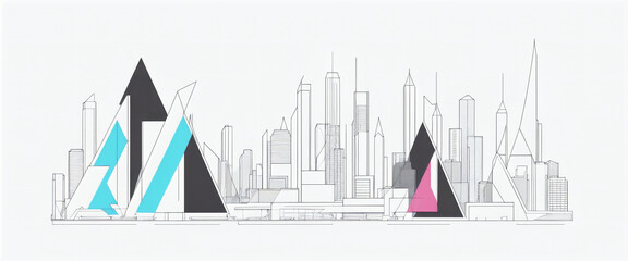 Clear and graphic depiction of a skyline consisting of dark lines and colored areas in an artistic architectural style