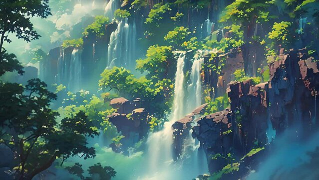 Hidden within the depths of the forest a glimmering waterfall cascades down a rocky cliff its shimmering waters creating a sense of enchantment.