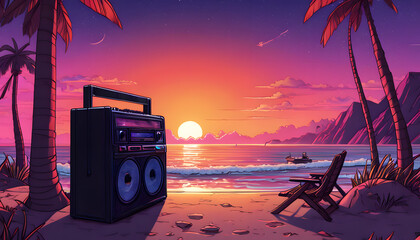 Retro tropical sunset, clouds, waves, palm trees, old music player, evoking nostalgic vibes, old school music background.