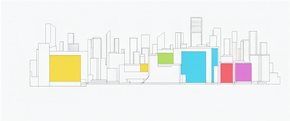 Clear and graphic depiction of a skyline consisting of dark lines and colored areas in an artistic architectural style