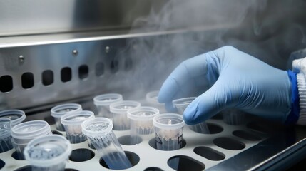A lab technician placing test tubes with embryos into a cryogenic freezer, illustrating the process of embryo preservation