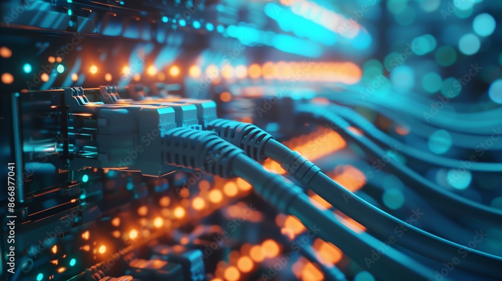 Poster detailed view of ethernet cables connected to illuminated server