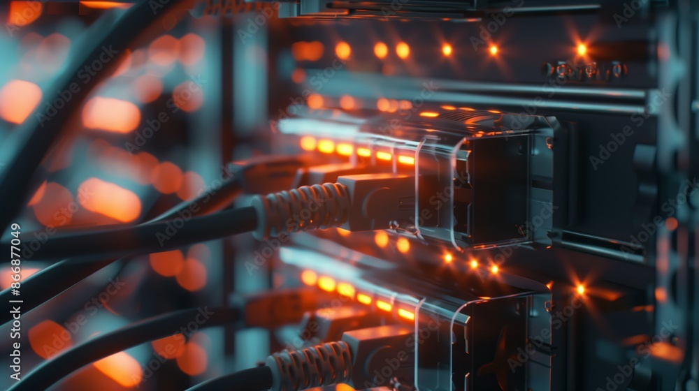 Poster detailed view of ethernet cables connected to illuminated server