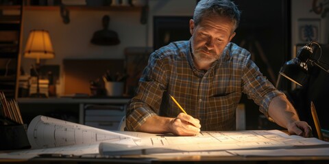 An architect is deeply engaged in designing blueprints at his office desk, displaying focus and creativity in his work AIG58