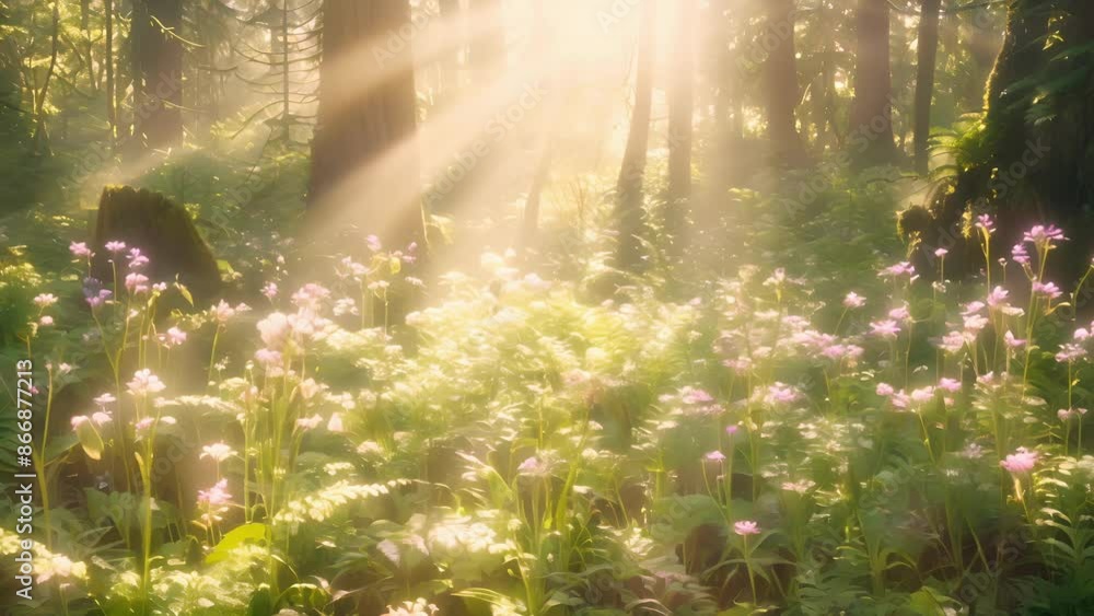 Poster the sunlight filters through the dense canopy of trees casting ethereal rays onto the forest floor w