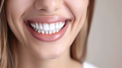 Obraz premium Close-up of a smiling woman's mouth with perfect white teeth. Dental health and beauty concept