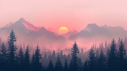Obraz premium Minimalistic landscape with mountains, trees, and a setting sun in soft gradients and calming colors