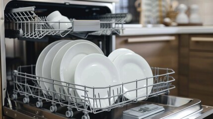 Clean Dishes in Modern Dishwasher at Home Kitchen