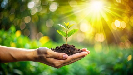 Green seedlings growing earth in hands against a background of forest and sun