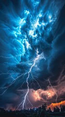 Dramatic thunderstorm with intense lightning in the sky, panoramic view. Nature power and weather concept