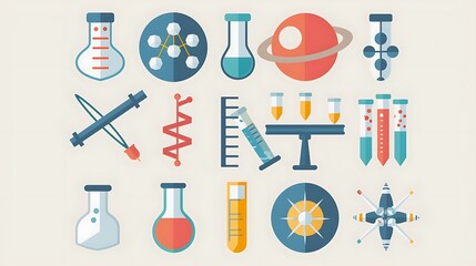 Collection of flat design icons representing science and innovation test tubes microscopes DNA strands and space exploration suitable for STEM education websites and science communication platforms