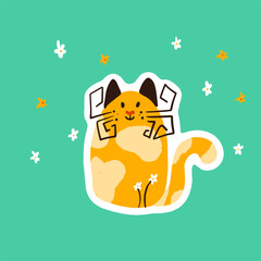 Orange Cat Sticker. Vector Illustration of the Kitty Pet with Flowers.