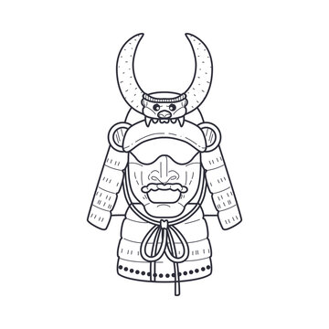 recommend clip art: Samurai mask vector in black and white sketch. Isolated background.