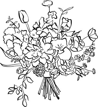 Ramo de novia dibujado a mano. Ilustraci&oacute;n de ramo de flores en vector para invitaciones de boda, tarjeta reserva la fecha, papeler&iacute;a y dise&ntilde;o. 