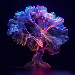Abstract glowing neon tree on a dark background. Concept of technology, nature, digital art, and artificial intelligence.
