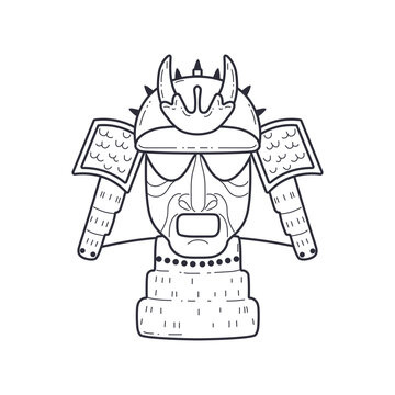 recommend clip art: Samurai warrior mask black contour vector icon, Asian armor head helmet, Japanese mask horns, Kabuki theater line art