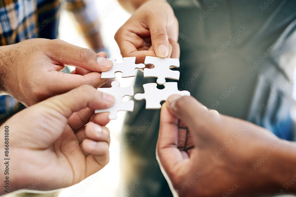Poster Business hands, group and puzzle for problem solving, collaboration and integration with project solution. Creative people in circle with game for team building, planning or brainstorming in meeting