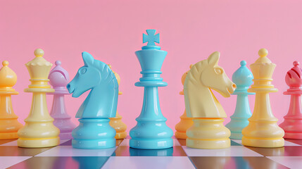 International Chess Day. pastel-colored chess set with pieces in soft, candy-like hues arranged on board.  gradient background, whimsical and playful.creative projects, children's activities
