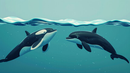 Fototapeta premium World Whale and Dolphin Day. 3d rendering of two cartoon orcas swimming together in the ocean. playful design, gentle waves, children's educational, aquarium, and environmental conservation