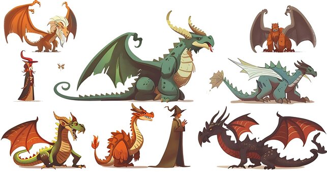 Series Of Cartoon Characters Representing Elements Of Fantasy And Mythology Dragons Wizards Fairies And Mythical Creatures Suitable For Fantasy Fiction Blogs And Storytelling Communities