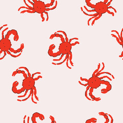 Vector seamless pattern with red hand drawn crabs. Hand drawing sketch illustration for kitchen cover, fabric, wallpaper or wrapping paper, textile.