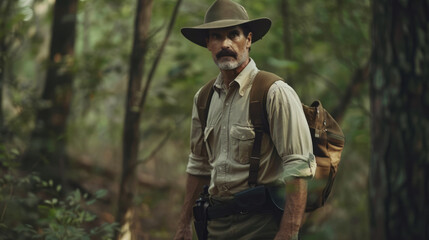 World Ranger Day. Elderly male ranger in a hat in wild nature, forest