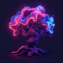 Neon Tree Abstract Digital Art. Glowing Pink and Blue Fantasy Design