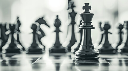 International Chess Day. black and white image of a chessboard with a prominent black king. The classic monochrome style adds a timeless, strategic feel,  importance of the king in chess