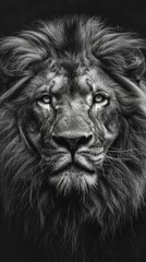Naklejka premium Close-up of a lion's face in black and white, powerful and intense expression. Wildlife photography and animal portrait concept