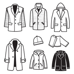 kid&rsquo;s Clothing editable stroke outline icons set. Overcoat, blazer, shirts, sweater, t-shirts, pant, trousers, hoodie and vest. Vector illustration