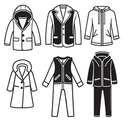 kid&rsquo;s Clothing editable stroke outline icons set. Overcoat, blazer, shirts, sweater, t-shirts, pant, trousers, hoodie and vest. Vector illustration