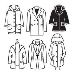 kid&rsquo;s Clothing editable stroke outline icons set. Overcoat, blazer, shirts, sweater, t-shirts, pant, trousers, hoodie and vest. Vector illustration
