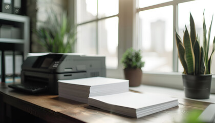 Fototapeta premium Stack of paper on wooden table near window sill with modern printer in office