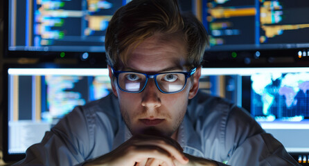 System Administrator Day. programmer wearing glasses, concentrating on his work, surrounded by screens filled with code. Perfect for tech, programming, and IT professional themes