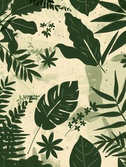 A modern, eco-friendly pattern with silhouettes of various leaves and flowers on a cream background. Generative AI