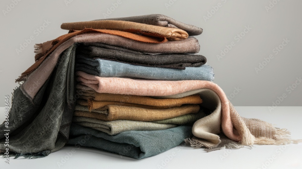 Poster a neatly stacked pile of soft, multi-colored fabrics, with one fabric draped over the side, showcasi