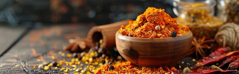 Close-up of Colorful Spices in Wooden Bowl