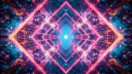 Neon lights forming abstract geometric shapes and symmetrical patterns. Retro futuristic, synthwave, or cyberpunk concept.