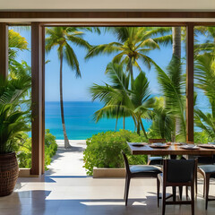 Fototapeta premium beach with palm trees, calm, tropical, paradise island, pool resort
