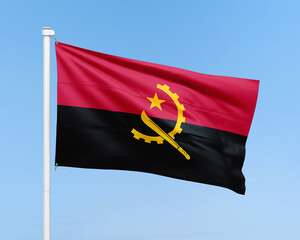 Angola flag illustration on stick on sky background. Realistic flag illustration