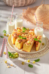 Sweet gooseberry butter cake made of sugar and fruits.