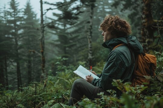 A person is seen in a yellow jacket, hat, and glasses writing in a journal while on a winter hike in a snowy forest