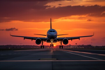 Obraz premium Large commercial aircraft taking off at sunset with landing gear down in dramatic scenic sky