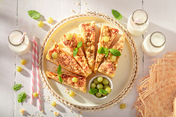 Delicious and homemade gooseberry butter cake as traditional dessert.