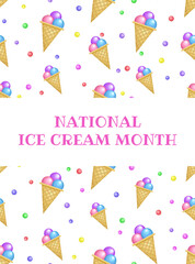 National Ice Cream Month. Pattern with ice cream in pink and blue colors. Poster, banner, greeting card. Vector illustration.