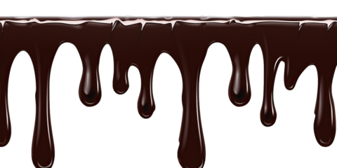 Realistic dark chocolate dripping effect with shiny reflections cut out png on transparent background