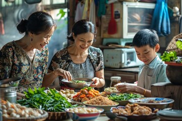 Naklejka premium Family Cooking Together in Modern Kitchen, Preparing Food with Vegetables and Fresh Ingredients, Enjoying Interaction